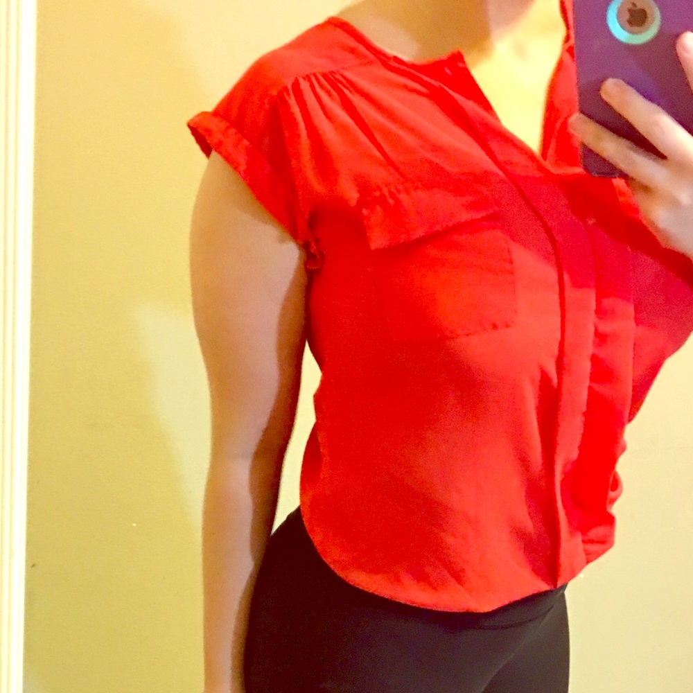 Bright Coral Sheer cinched waist Top!